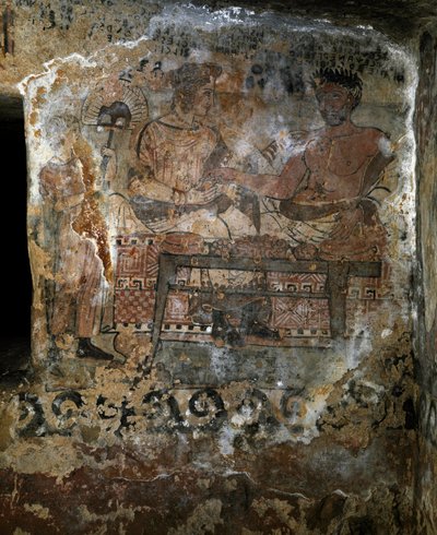 Civilización etrusca: Larth Velcha y su esposa Velia Seithi representados en un banquete en un fresco de la tumba de los “Scudi” (tomba degli scudi) 340 a.C. Necrópolis de Monterozzi, Tarquinia, Italia de Etruscan