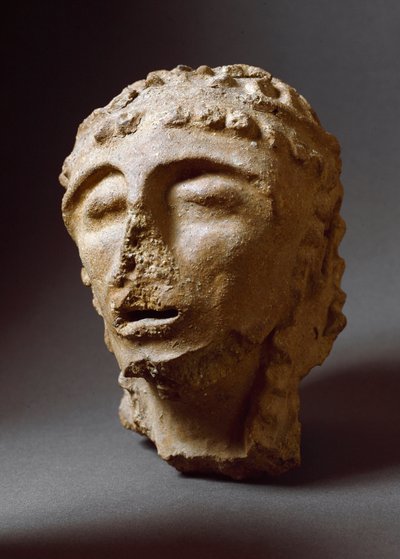 Civilización etrusca: Cabeza de hombre de terracota. 550-530 a.C. Del Segundo Palacio de Murlo. Depósitos de la Superintendencia Arqueológica de Etruria, Florencia de Etruscan
