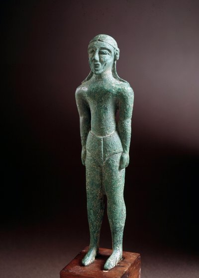 Civilización etrusca: escultura de bronce de un kouros, de Castello cerca de Florencia, Italia, 550 a.C., Dim 15 cm de Etruscan