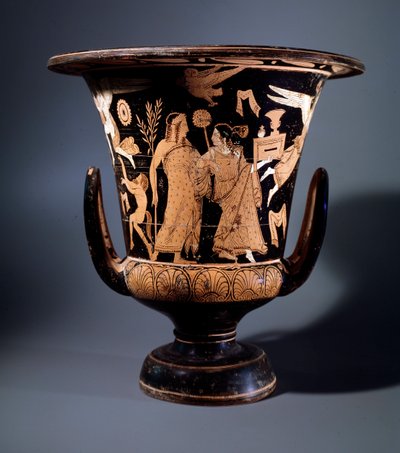 Civilización etrusca: crátera de terracota decorada por el pintor de Nazzano representando a Apolo y una ménade, 350 a.C. Dim 57 cm. Del sitio de Civita Castellana de Etruscan