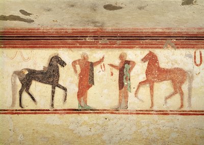Caballos y jinetes sosteniendo las riendas, de la Tumba del Barón, c.500 a.C. de Etruscan