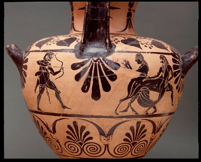 Hidria con representación de Hércules disparando una flecha al centauro Neso, Deianira es la segunda desde la derecha, terracota, 450-400 a.C. de Etruscan