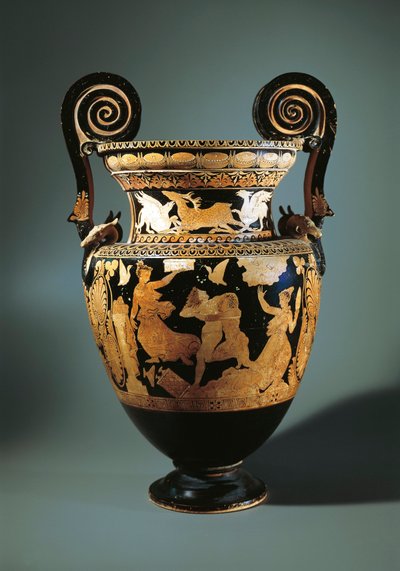Italia, Lacio, Civita Castellana, Cáliz-crátera de volutas de figuras rojas (jarrón usado para mezclar vino y agua) que representa a Peleo secuestrando a Tetis, pintado por el Pintor de Aurora, 360/340 a.C. de Etruscan