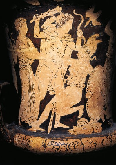 Italia, Umbría, Perugia, Cáliz-crátera de figuras rojas (jarrón usado para mezclar vino y agua) que representa a Heracles golpeando a una amazona, pintado por la Escuela de Vulci, 330/300 a.C. de Etruscan
