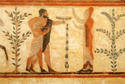 Hombre y niño ante el héroe muerto, de la tumba del Barón, c.500 a.C. (pintura mural) (detalle) de Etruscan