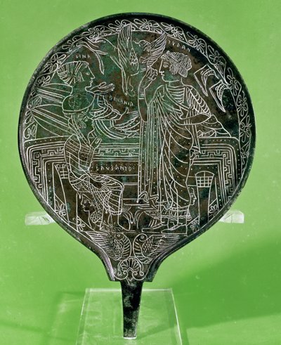 Espejo que representa a Afrodita persuadiendo a Helena para que siga a París a Troya, de Palestrina de Etruscan