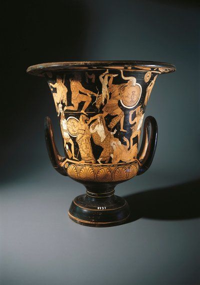 Cerámica de figuras rojas, cáliz crátera que representa a Neoptólemo, Astianacte, Helena de Troya y Príamo en el suelo, del Pintor de Nazzano, de Civita Castellana de Etruscan
