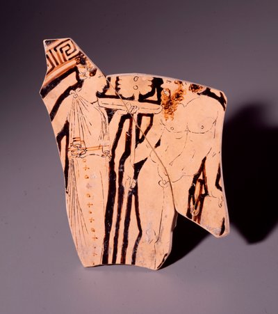 Fragmento de kylix de terracota que representa a una ménade y un sátiro, 350 a.C. de Etruscan