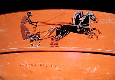 Detalle de un vaso de terracota que representa un carro tirado por dos caballos, siglo IV a.C. de Etruscan