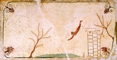 Buzo, circa 480-490 a.C., fresco decorativo de la losa de cubierta de la Tumba del Buzo en Paestum, Campania, Italia, siglo V a.C. de Etruscan