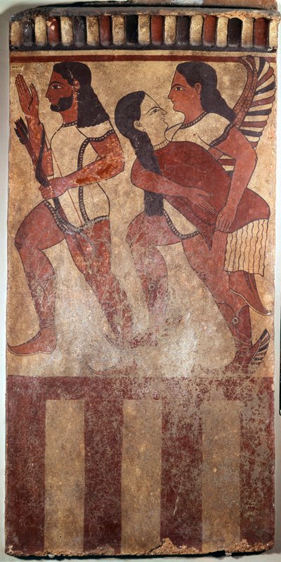 Arte etrusco: Placa de terracota pintada llamada Placa Campana: un arquero, un genio alado con una figura femenina (Cerveteri, Italia, siglo VI a.C.). Museo del Louvre, París de Etruscan Etruscan