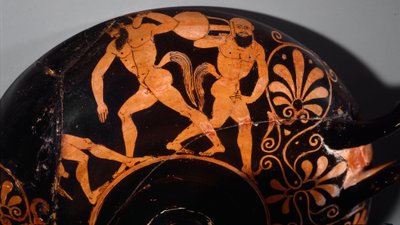 Arte etrusco: Kylix decora un komos, cortejo ritual de sátiros (primer ejemplo de cerámica etrusca con figuras rojas usando líneas de relieve). 380 a.C. De Vulci (?) París, Museo Rodin de Etruscan Etruscan