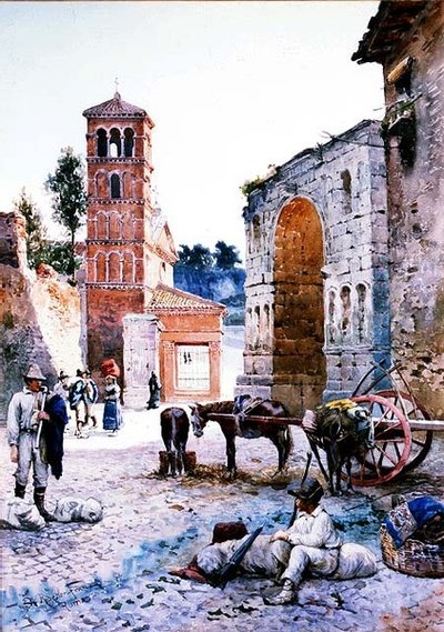 Figuras en una Plaza Romana junto a un Arco de Ettore Roesler Franz