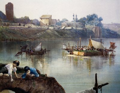 Giornelli de pescadores (ruedas de pesca) en el Tíber cerca de Porto di Ripa Grande en Roma, por Ettore Roesler Franz, acuarela, Italia de Ettore Roesler Franz