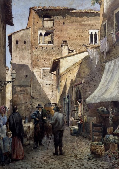 Viejas casas de Pierleoni en Roma, acuarela de Ettore Roesler Franz (1845-1907), Italia de Ettore Roesler Franz