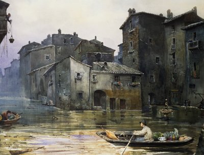 Via della Fiumara inundada en Roma, por Ettore Roesler Franz (1845-1907), acuarela, Italia de Ettore Roesler Franz