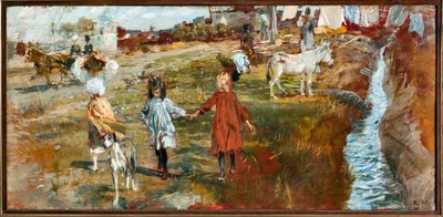 Paisaje campestre con niños y perro, un burro junto al río de Ettore Tito
