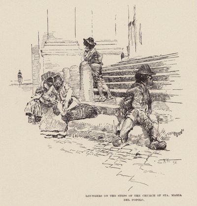 Tumbonas en la escalinata de la iglesia de Santa Maria del Popolo (grabado) de Ettore Tito