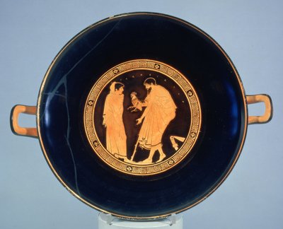Copa de figuras rojas áticas decorada con un hombre dando un gallo a un niño, c.470 a.C. (cerámica) de Euaichme Painter