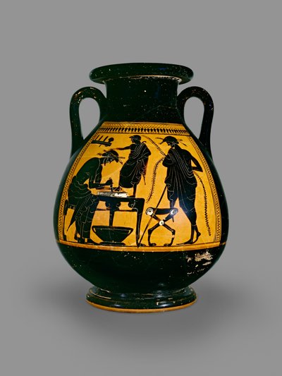 Pelike de figuras negras áticas decorada con una escena de un zapatero cortando cuero para un zapato, principios del siglo V a.C. de Eucharides Painter
