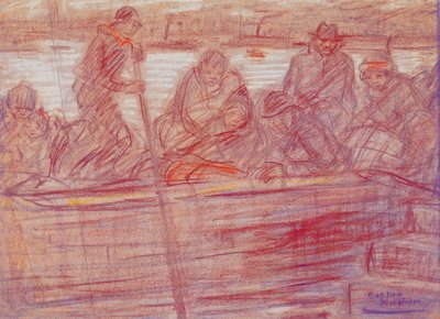 Refugiados (con la madre Van Mieghem) en el transbordador de Eugeen van Mieghem