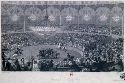 Espectáculo ecuestre en el circo Franconi, Champs Elysées, París, grabado por Charles Mottram, tomado de Verano e Invierno en París de Eugene Louis Lami