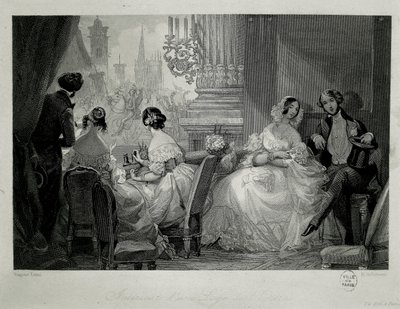 Interior de la Ópera de París, personas en un palco de Eugene Louis Lami