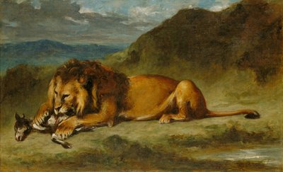 León devorando una cabra, c.1850 de Eugene  Delacroix