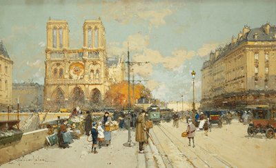 Figuras en una calle soleada de París, Notre Dame a la izquierda de Eugene Galien Laloue