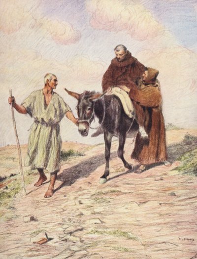 San Francisco desciende del monte Alverna con fray León tras la impresión de los santos estigmas (litografía en color) de Eugene (after) Burnand