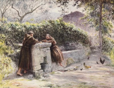 El banquete de San Francisco y Fray Masseo en la fuente, San Francisco alaba la pobreza (litografía en color) de Eugene (after) Burnand