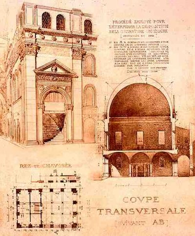 Plano, sección transversal y elevación de la Loggia, o Palazzo del Commune, Brescia, Italia, de 