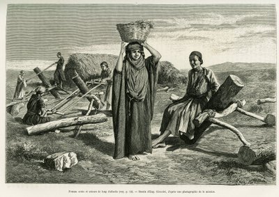 Mujer árabe y aserradores de largos diez foulis. Grabado por Eugène Girardet, para ilustrar la historia A Suse de Eugene Alexis Girardet