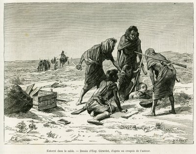 Enterrado en la arena. Grabado de Eugene Girardet, para ilustrar la historia Cinco meses entre los moros nómadas del Sahara occidental, en 1887, de Camille Douls, en Le Tour du Monde 1888, bajo la dirección de Edouard Charton (1807-1890), Hachette, París. de Eugene Alexis Girardet