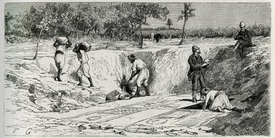 Excavaciones en el cementerio cristiano de Lamta, con ambos encargados de la misión. Grabado de Eug. Girardet, para ilustrar la historia 
