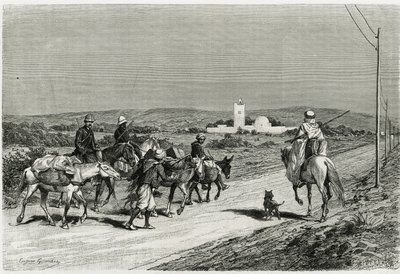 Nuestro remolque se mueve. Grabado de Eugene Girardet, para ilustrar la historia “Voyage en Tunisie”, de Rene Cagnat (1852-1937) historiador y Henri Saladin (1851-1923), arquitecto, comisionado en 1882-1883, por el Ministerio de Instrucción Pública. de Eugene Alexis Girardet