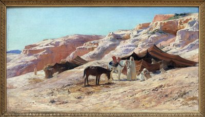 El campamento, pintura al óleo sobre lienzo de Eugene Girardet (1853-1907), campamento de un grupo de viajeros árabes (beduinos) en un paisaje de dunas. Dim. 50x60 cm. Fotografía, KIM Youngtae, Nantes, Musee des Beaux Art de Nantes. de Eugene Alexis Girardet