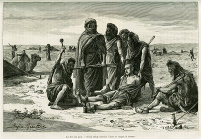 Los hierros en los pies. Grabado de Eugene Girardet, para ilustrar la historia Cinco meses entre los moros nómadas del Sahara occidental, en 1887, de Camille Douls, en Le Tour du Monde 1888, bajo la dirección de Edouard Charton (1807-1890), Hachette, París de Eugene Alexis Girardet