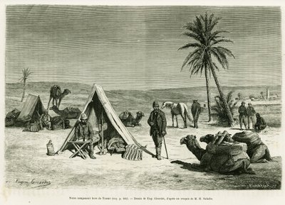 Campamento de viajeros en las cercanías de Tozeur. Grabado de Eugene Girardet para ilustrar la historia Viaje en Túnez, por R. Cagnat y H. Saladin, en Le Tour du monde 1886, dirigido por Edouard Charton (1807-1890), Hachette, París. de Eugene Alexis Girardet