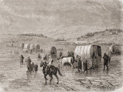 Un tren de carretas rumbo al oeste en la década de 1860, grabado por Stephane Pannemaker (1847-1930) de Eugene Antoine Samuel Lavieille