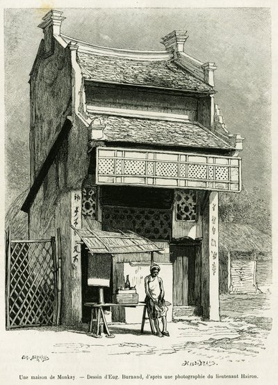 Una casa de monos. Grabado por Eugene Burnand, para ilustrar la historia Sur les frontières du Tonkin, por el Doctor P.Neiss, en le tour du monde 1888, dirigido por Edouard Charton (1807-1890), Hachette, París. de Eugene Burnand