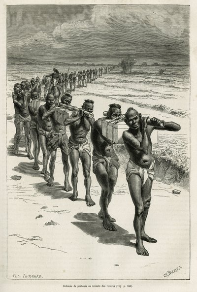 Columna de porteadores a través de los campos de arroz, entre Bassac y Hue, grabado a partir de un dibujo de Eugene Burnand, para ilustrar la historia sobre Laos y las poblaciones salvajes de Indochina, por el Dr. Harmand, en 1877, publicado en el tour du  de Eugene Burnand