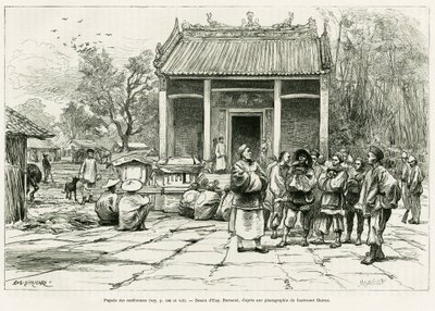Pagoda de conferencias, Monkay. Grabado por Eugene Burnand, para ilustrar la historia Sur les frontières du Tonkin, por el Doctor P.Neiss, en le tour du monde 1888, dirigido por Edouard Charton (1807-1890), Hachette, París. de Eugene Burnand