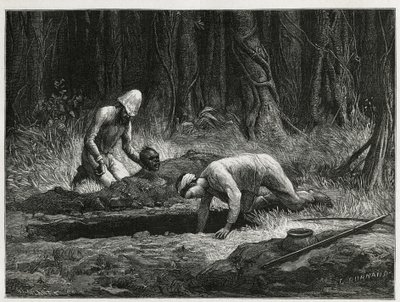 El Dr. Harmand y su ayudante anamita, realizando exhumaciones clandestinas de entierros Khas, en Attopeu (Laos), grabado por Eugene Burnand, para ilustrar la historia de Laos y las poblaciones salvajes de Indochina por el Dr. Harmand, en 1877, publicado en de Eugene Burnand