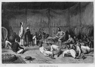 El Dr. Harmand en la recepción del Príncipe de Oubon (Laos), descripción del interior de la casa principesca y su patio, grabado por Eugene Burnand, para ilustrar la historia de Laos y las poblaciones salvajes de Indochina por el Dr. Harmand, en 1877, publ de Eugene Burnand