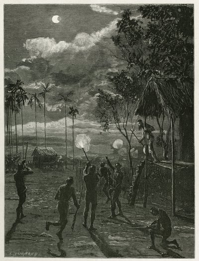El Dr. Harmand despierta en medio de la noche por el ruido de los rifles de los indígenas Khas, disparando a la luna sometida a un eclipse, en Attopeu (Laos), grabado por Eugene Burnand, para ilustrar la historia de Laos y las poblaciones salvajes de Indoc de Eugene Burnand