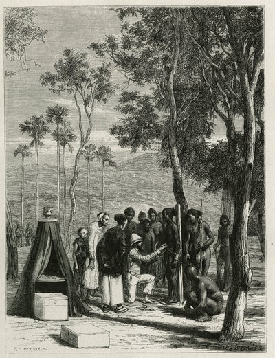El Dr. Harmand realiza mediciones antropológicas en los indígenas Khas, en Attopeu (Laos), grabado por Eugene Burnand, para ilustrar la historia de Laos y las poblaciones salvajes de Indochina por el Dr. Harmand, en 1877, publicado en el tour du monde, baj de Eugene Burnand