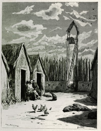 Plaza Misionera en Meuong Ngan. Grabado por Eugene Burnand, para ilustrar la historia "Viaje en el Alto Laos", en 1880, por el Dr. P.Neis. Publicado en Le Tour du monde, nuevo diario de viajes, 2º semestre 1885, editado por Edouard Charton (1807-1890) de Eugene Burnand