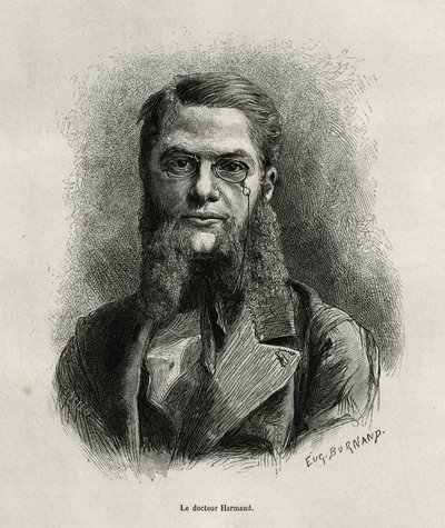 Retrato del Dr. Harmand, grabado por Eugene Burnand, para ilustrar la historia de Laos y las poblaciones salvajes de Indochina por el Dr. Harmand, en 1877, publicado en el tour du monde, bajo la dirección de Edouard Charton de Eugene Burnand