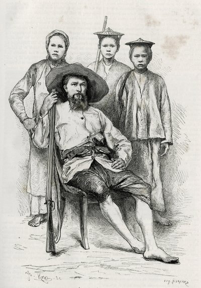 Retrato del autor, rodeado de sus compañeros de viaje. Grabado por Eugene Burnand, para ilustrar la historia "Viaje en el Alto Laos", en 1880, por el Dr. P.Neis. Publicado en Le Tour du monde, nuevo diario de viajes, 2º semestre 1885, editado por Edouard C de Eugene Burnand